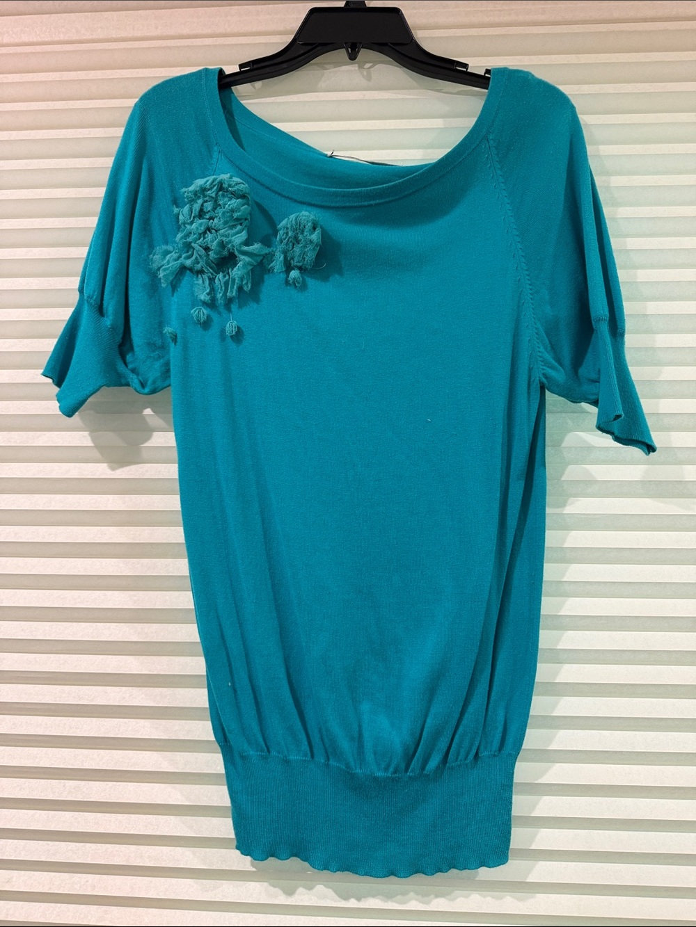 Trina Turk Teal Short-Sleeve Pullover with Floral Appliqué